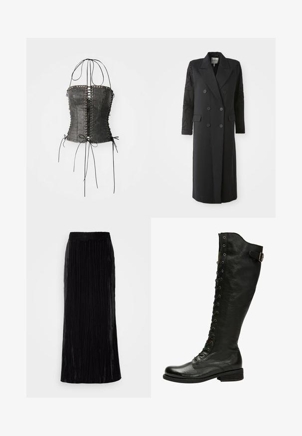 Sort dobbeltradet frakke med en skarp krave, seks knapper og perledetaljer på ærmet. Glat stof med en skræddersyet form og lang længde.; Jaded London LONGLINE LACE UP HALTER CORSET - Top - black; Lang sort fløjl maxi nederdel med vertikale plisseringer og en bølget blonde talje. Stoffet har et blødt, tekstureret udseende.; Sorte læder knæhøje støvler med snørebånd foran, sølvøjer og sidebælte. Har en tekstureret overflade og stablet hæl.