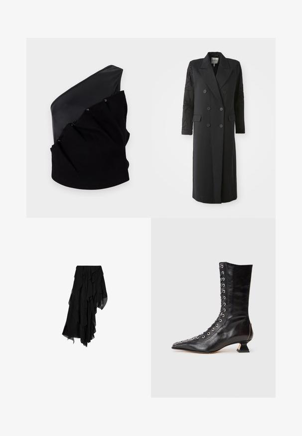 Manteau noir croisé avec un col prononcé, six boutons et des détails perlés sur les manches. Tissu lisse avec une coupe cintrée et une longueur longue.; Haut asymétrique noir avec un panneau en cuir lisse et un tissu tricoté texturé, doté de détails froncés et de boutons-pression.; Jupe noire asymétrique en tissu chiffon superposé et fluide créant un ourlet froncé et irrégulier.; Bottine noire en cuir avec un bout pointu, laçage à l'avant, œillets en métal, petit talon block et un design épuré. Texture lisse, silhouette moderne.