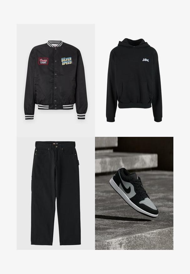 Čierna bomber bunda s pruhovanými manžetami a golierom. Na prednej strane červená nášivka "Coors Light" a viacfarebné vyšívanie "Silver Speed".; Lost Youth AMALFI COAST - Mikina s kapucňou - black; Čierne bavlnené nohavice s rovnými nohavicami, ktoré majú dva predné vrecká, jedno zadné vrecko a zlaté kovové korálky.; Čierno-šedá teniska Nike vznášajúca sa nad textúrovaným betónovým povrchom s kamennými schodmi v pozadí.