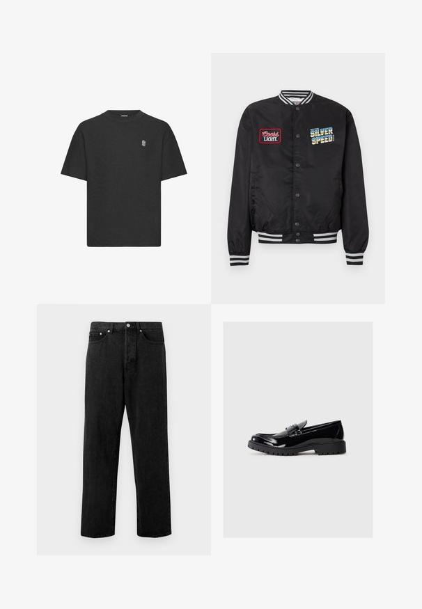 Sort bomberjakke med stribede manchetter og krave. Har et rødt "Coors Light"-mærke og flerfarvet "Silver Speed" broderi på fronten.; Sort kortærmet t-shirt i et tekstureret stof, med rund hals og et diskret broderet logo på brystet.; Sorte denimjeans med lige ben, der har fem lommer, metalknaplukning og subtilt slid på stoffet.; Sneakers i sort patentlæder med rund tå, dekorativ rem og kraftig gummisål med dybe treads til traction.