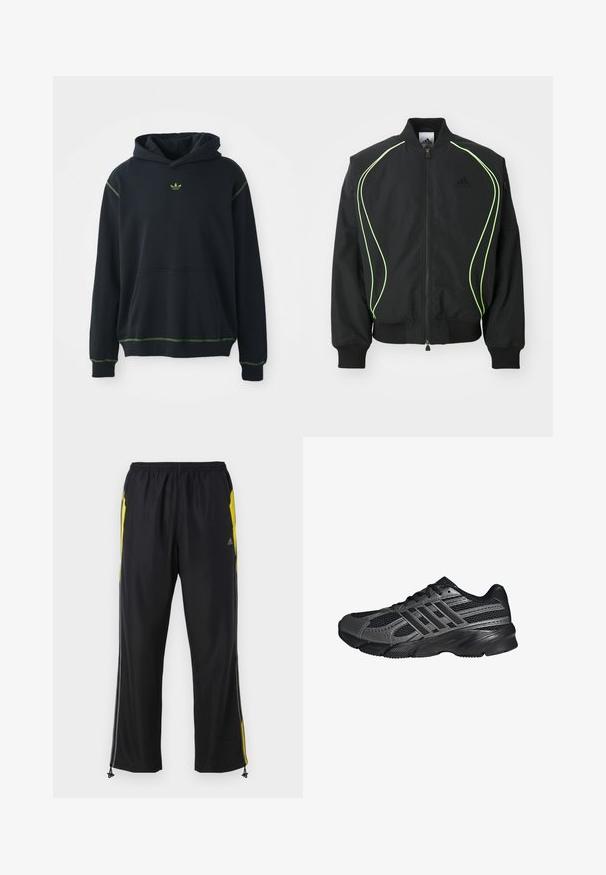 Čierna bombr jacket s neonovo zeleným lemovaním, rebrovanými manžetami a golierom. Má predný zips a bočné vrecko na zips. Vyrobené z ľahkého materiálu.; Čierna mikina s kapucňou a vreckom, s zelenými ozdobnými švami a malým zeleným logom na hrudi. Obsahuje šnúrku na stiahnutie a dlhé rukávy.; Čierne športové nohavice s žltými bočnými akcentmi, elastickým pásom a zipsovými bočnými vreckami. Vyrobené z ľahkej, hladkej tkaniny.; Čierne športové topánky vyrobené z pletiva a syntetických materiálov, s textúrovaným povrchom, viacerými šedými pruhmi a polstrovaným golierom.