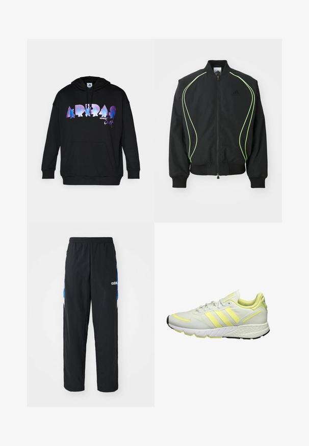 Čierna bombr jacket s neonovo zeleným lemovaním, rebrovanými manžetami a golierom. Má predný zips a bočné vrecko na zips. Vyrobené z ľahkého materiálu.; Čierna mikina s kapucňou so širokým, farebným gradientom loga "ADIDAS" dizajnovaným Jeremy Scottom, klokanie vrecko a kapucňa na šnúrku.; Čierne športové nohavice s elastickým pásom, s modro-bielymi grafickými akcentmi po stranách a vyšitým logom.; Biele športové topánky s žltými akcentami, s hladkým vrchom, textúrovanou podrážkou a tromi pruhmi na boku pre branding.