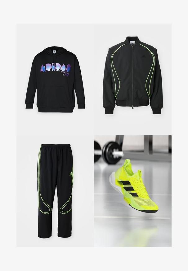Μαύρο bomber jacket με φωσφορούσα πράσινη ραφή, ριγωτούς κορμούς και γιακά. Διαθέτει φερμουάρ μπροστά και τσέπη με φερμουάρ στο πλάι. Κατασκευασμένο από ελαφρύ υλικό.; Μαύρη μπλούζα με κουκούλα που διαθέτει ένα μεγάλο, πολύχρωμο γραμμικό λογότυπο "ADIDAS" με σχέδιο του Jeremy Scott, καγκουρό τσέπη και κουκούλα με κορδόνια.; Μαύρα αθλητικά παντελόνια Adidas με νεον πράσινες καμπύλες γραμμές και τρεις ρίγες στα πλάγια, ελαστική μέση και λογότυπο Adidas στο μπροστινό μπούστο.; Αθλητικό παπούτσι σε νέον κίτρινο χρώμα με μαύρες λεπτομέρειες, πάνω μέρος από δίχτυ και υφή στη σόλα. Ελαφρύς σχεδιασμός με ενδιάμεση σόλα με μαξιλαράκι για υποστήριξη.