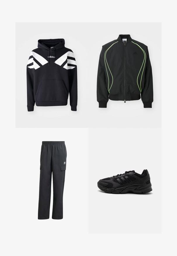 Čierna bombr jacket s neonovo zeleným lemovaním, rebrovanými manžetami a golierom. Má predný zips a bočné vrecko na zips. Vyrobené z ľahkého materiálu.; Čierna mikina s kapucňou so bielymi diagonálnymi pruhmi na hrudi a rukávoch, prednou vreckom a logom na hornej časti hrude.; Čierne cargo nohavice s elastickým pásom, dvoma bočnými vreckami a decentným logom na ľavom stehne. Vyrobené z ľahkého materiálu.; Čierne športové topánky s kombináciou priedušnej sieťoviny a syntetických materiálov. Výrazná štruktúrovaná podrážka a tri čierne pruhy na strane.