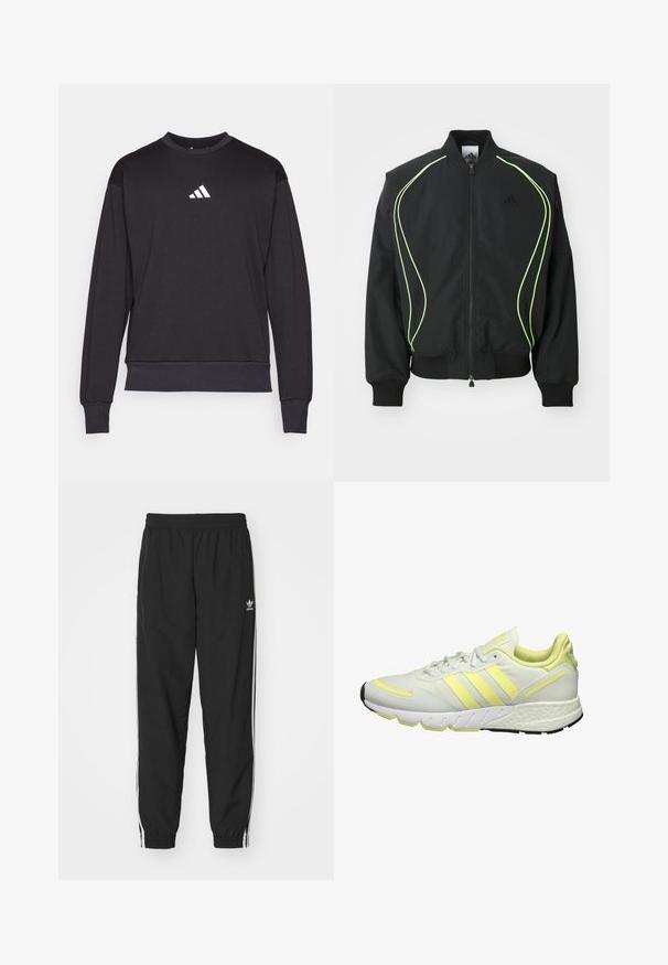 Čierna bombr jacket s neonovo zeleným lemovaním, rebrovanými manžetami a golierom. Má predný zips a bočné vrecko na zips. Vyrobené z ľahkého materiálu.; Čierna mikina s dlhými rukávmi, rebrovanými manžetami a lemom; na hrudi sa nachádza biele logo Adidas, vyrobená z mäkkej, textúrovanej tkaniny.; Čierne športové nohavice s elastickým pásom a manžetami, s bielymi bočnými pruhmi a malým bielym logom Adidas na ľavom boku.; Biele športové topánky s žltými akcentami, s hladkým vrchom, textúrovanou podrážkou a tromi pruhmi na boku pre branding.