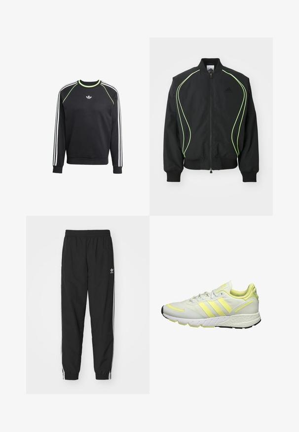 Čierna bombr jacket s neonovo zeleným lemovaním, rebrovanými manžetami a golierom. Má predný zips a bočné vrecko na zips. Vyrobené z ľahkého materiálu.; Čierna mikina s bielym trojpruhovým dizajnom na rukávoch a limetkovými akcentmi. Má okrúhly výstrih a malú nášivku na hrudi.; Čierne športové nohavice s elastickým pásom a manžetami, s bielymi bočnými pruhmi a malým bielym logom Adidas na ľavom boku.; Biele športové topánky s žltými akcentami, s hladkým vrchom, textúrovanou podrážkou a tromi pruhmi na boku pre branding.