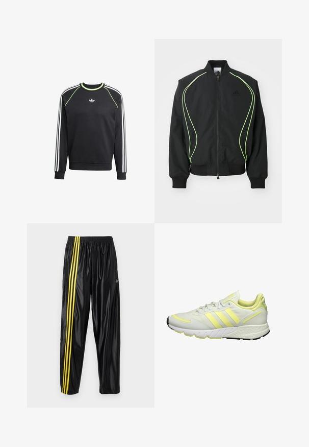 Zwarte bomberjack met neon groene piping, ribgebreide manchetten en kraag. Voorzien van een rits aan de voorkant en een zijzak met rits. Gemaakt van lichtgewicht materiaal.; Zwarte sweatshirt met een witte drie-strepenontwerp op de mouwen en limoengroene accenten. Heeft een ronde halslijn en een klein logo op de borst.; Zwarte sportbroek van glanzend materiaal met een elastische tailleband, voorzien van twee gele strepen langs de zijkant en een klein logo.; Witte sportschoen met gele accenten, met een gladde bovenkant, een gestructureerde zool en drie strepen aan de zijkant voor branding.