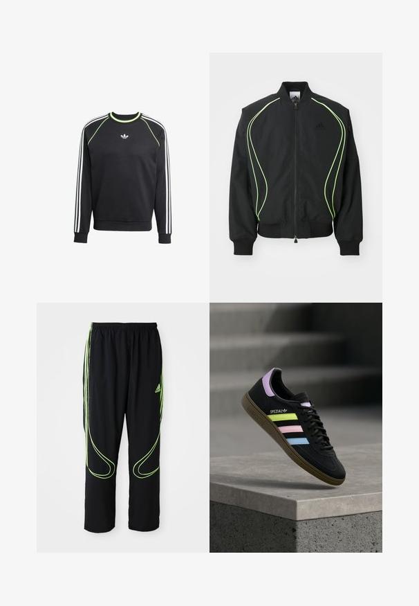 Čierna bombr jacket s neonovo zeleným lemovaním, rebrovanými manžetami a golierom. Má predný zips a bočné vrecko na zips. Vyrobené z ľahkého materiálu.; Čierna mikina s bielym trojpruhovým dizajnom na rukávoch a limetkovými akcentmi. Má okrúhly výstrih a malú nášivku na hrudi.; Čierne atletické nohavice Adidas s neonovo zelenými zakrivenými líniami a tromi pruhmi po stranách, elastickým pásom a logom Adidas na prednom stehne.; Čierna teniska Adidas Spezial s pastelovo žltými, ružovými a modrými pruhmi, levanduľovým jazýčkom na päte a hnedou podrážkou, vznášajúca sa nad betónovou hranou.