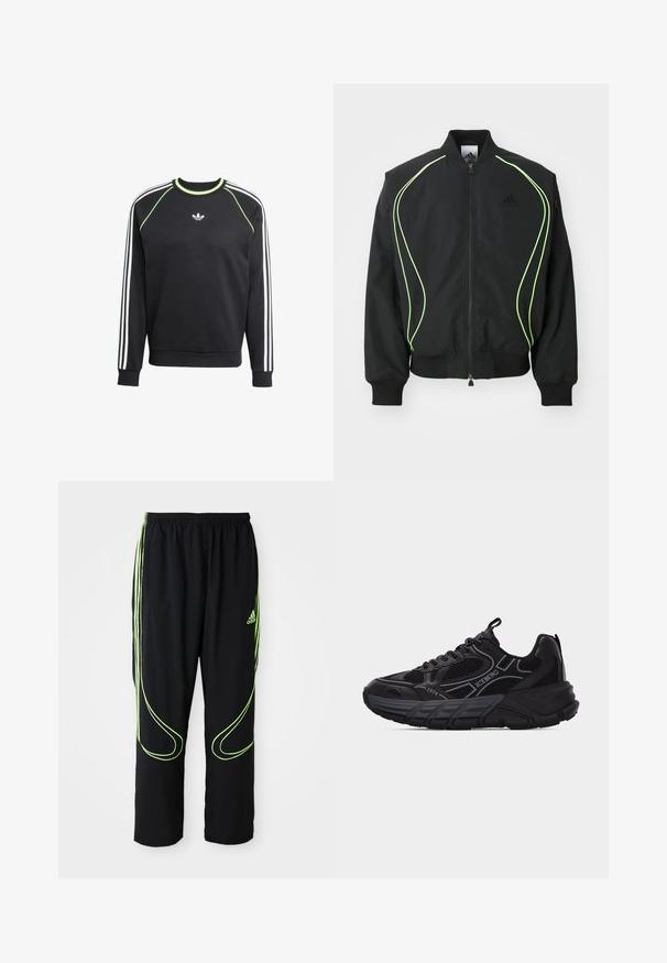 Čierna bombr jacket s neonovo zeleným lemovaním, rebrovanými manžetami a golierom. Má predný zips a bočné vrecko na zips. Vyrobené z ľahkého materiálu.; Čierna mikina s bielym trojpruhovým dizajnom na rukávoch a limetkovými akcentmi. Má okrúhly výstrih a malú nášivku na hrudi.; Čierne atletické nohavice Adidas s neonovo zelenými zakrivenými líniami a tromi pruhmi po stranách, elastickým pásom a logom Adidas na prednom stehne.; Čierna športová teniska s detailmi z oka a kože, hrubou podrážkou, značkami "ICEBERG" a "1974" a pútkami na jazyku a päte.