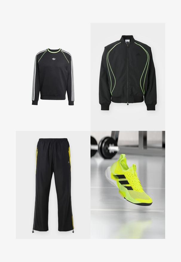 Čierna bombr jacket s neonovo zeleným lemovaním, rebrovanými manžetami a golierom. Má predný zips a bočné vrecko na zips. Vyrobené z ľahkého materiálu.; Čierna mikina s bielym trojpruhovým dizajnom na rukávoch a limetkovými akcentmi. Má okrúhly výstrih a malú nášivku na hrudi.; Čierne športové nohavice s žltými bočnými akcentmi, elastickým pásom a zipsovými bočnými vreckami. Vyrobené z ľahkej, hladkej tkaniny.; Neónovožltá športová obuv s čiernymi akcentmi, sieťovinovým zvrškom a textúrovanou podrážkou. Ľahký dizajn s odpruženou strednou podrážkou pre podporu.
