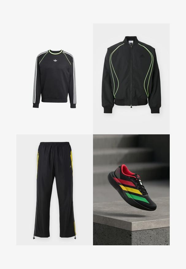 Čierna bombr jacket s neonovo zeleným lemovaním, rebrovanými manžetami a golierom. Má predný zips a bočné vrecko na zips. Vyrobené z ľahkého materiálu.; Čierna mikina s bielym trojpruhovým dizajnom na rukávoch a limetkovými akcentmi. Má okrúhly výstrih a malú nášivku na hrudi.; Čierne športové nohavice s žltými bočnými akcentmi, elastickým pásom a zipsovými bočnými vreckami. Vyrobené z ľahkej, hladkej tkaniny.; Čierna bežecká obuv s červenými, žltými a zelenými pruhmi a červeným vnútorným lemovaním, visiaca nad betónovým okrajom vonku.