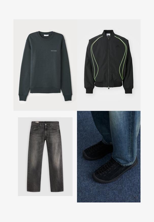 Chaqueta bomber negra con detalles en verde neón, puños y cuello acanalados. Presenta un cierre frontal con cremallera y un bolsillo lateral con cremallera. Está fabricada con material ligero.; Sudadera verde oscuro, con cuello redondo, mangas largas, puños y dobladillo acanalados, que presenta un logo de texto blanco "TIGER OF SWEDEN" en el pecho.; Jeans rectos negros de denim, con un acabado desgastado, cinco bolsillos y un cierre clásico de botón y cremallera.; Zapatillas de ante negro con superficie texturizada, cordones sutiles y suelas de goma duraderas, combinadas con jeans de denim azul.