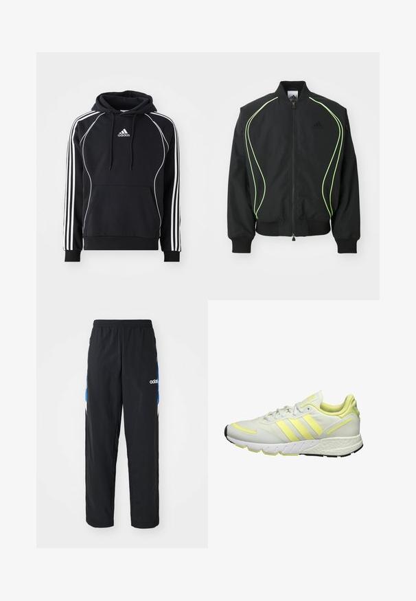 Čierna bombr jacket s neonovo zeleným lemovaním, rebrovanými manžetami a golierom. Má predný zips a bočné vrecko na zips. Vyrobené z ľahkého materiálu.; Čierna mikina Adidas s bielymi pruhmi na rukávoch, bielym lemovaním vpredu, prednou klokankou a kapucňou so šnúrkou.; Čierne športové nohavice s elastickým pásom, s modro-bielymi grafickými akcentmi po stranách a vyšitým logom.; Biele športové topánky s žltými akcentami, s hladkým vrchom, textúrovanou podrážkou a tromi pruhmi na boku pre branding.