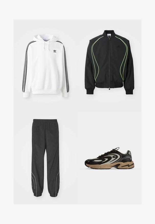 Μαύρο bomber jacket με φωσφορούσα πράσινη ραφή, ριγωτούς κορμούς και γιακά. Διαθέτει φερμουάρ μπροστά και τσέπη με φερμουάρ στο πλάι. Κατασκευασμένο από ελαφρύ υλικό.; Λευκό φούτερ με τσέπη μπροστά, κουκούλα με κορδόνι και μαύρο λογότυπο Adidas. Διαθέτει μαύρες ρίγες κατά μήκος των μανικιών. Μαλακή υφή υφάσματος.; Μαύρο παντελόνι windbreaker με ελαστική μέση, σφικτούς манίκες και λευκές λεπτομέρειες στις πλευρές. Κατασκευασμένο από ελαφρύ, υφασμάτινο υλικό.; Μαύρο και μπεζ αθλητικό παπούτσι με κυματιστά σχέδια, κορδόνια και χοντρή σόλα σε απλό ανοιχτό φόντο.