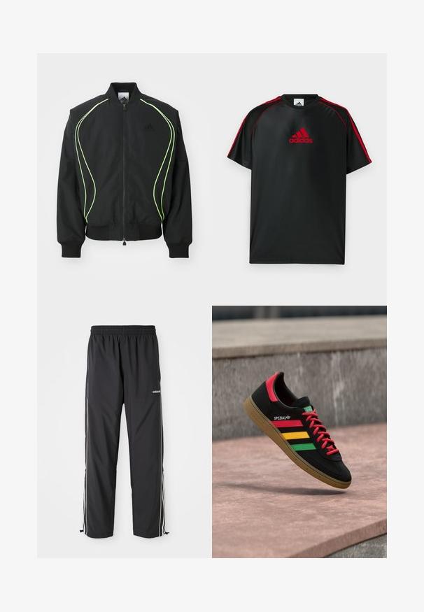 Schwarze Bomberjacke mit neongrüner Paspelierung, gerippten Bündchen und Kragen. Verfügt über einen Reißverschluss vorne und eine seitliche Reißverschlusstasche. Hergestellt aus leichtem Material.; Schwarzes Sport-T-Shirt mit roten Akzenten und Logo. Hergestellt aus glattem, leichtem Stoff. Verfügt über einen Rundhalsausschnitt und kurze Ärmel.; Schwarze Sporthose aus leichtem Material, mit weißen Seitenstreifen, einem elastischen Bund und verstellbaren Knöchelbündchen.; Schwarzer Adidas Spezial Sneaker mit roten, gelben und grünen Streifen, roten Schnürsenkeln, Gummisohle und rotem Fersen-Detail, schwebend über dem Pflaster gezeigt.