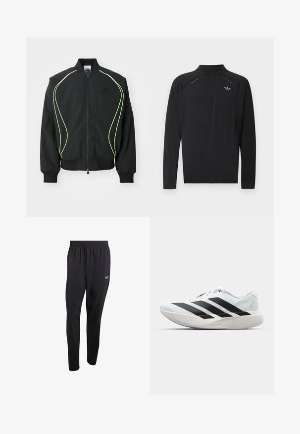 Black bomber jacket with neon green piping, ribbed cuffs, and collar. Features a zip front and side zip pocket. Made from lightweight material.; Black long-sleeve athletic top with quarter zip, high collar, reflective adidas logo on chest, and small reflective stitch details on shoulders.; Black athletic pants made of lightweight material, featuring an elastic waistband and a small embossed logo in the upper left leg area.; White running shoe with three large black stripes on the side and a thick curved sole labeled Lightstrike Pro.