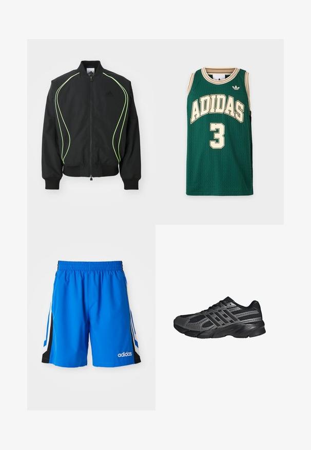 Čierna bombr jacket s neonovo zeleným lemovaním, rebrovanými manžetami a golierom. Má predný zips a bočné vrecko na zips. Vyrobené z ľahkého materiálu.; Zelený bezrukávový basketbalový dres Adidas s béžovým lemom, logom Adidas a číslom 3 vpredu.; Modré športové šortky s elastickým pásom, čiernymi bočnými panelmi a bielymi pásikmi. Na prednej strane majú vyšívané logo.; Čierne športové topánky vyrobené z pletiva a syntetických materiálov, s textúrovaným povrchom, viacerými šedými pruhmi a polstrovaným golierom.