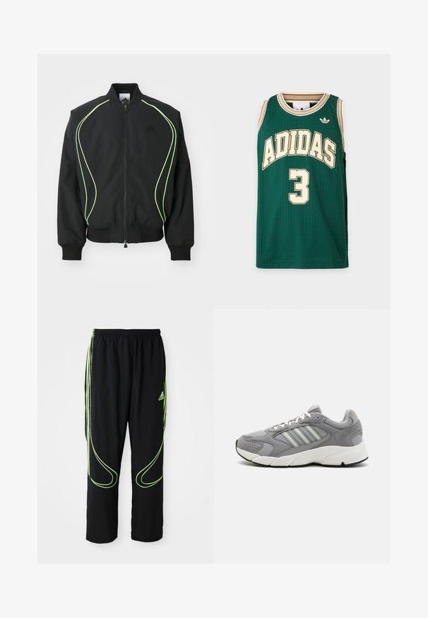 Zwarte bomberjack met neon groene piping, ribgebreide manchetten en kraag. Voorzien van een rits aan de voorkant en een zijzak met rits. Gemaakt van lichtgewicht materiaal.; Groene Adidas mouwloze basketbalshirt met beige rand, Adidas-logo en nummer 3 aan de voorkant.; Zwarte Adidas sportbroek met neon groene gebogen lijnen en drie strepen aan de zijkanten, elastische tailleband en het Adidas-logo op de voorkant van de bovenbenen.; Grijze sportieve schoen van mesh en suède materialen, met witte veters, een gevoerde kraag en een massieve witte tussenzool met gestructureerde accenten.
