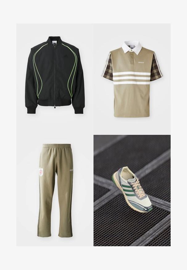 Čierna bombr jacket s neonovo zeleným lemovaním, rebrovanými manžetami a golierom. Má predný zips a bočné vrecko na zips. Vyrobené z ľahkého materiálu.; Polo tričko v olivovej zelenej farbe s bielymi pruhmi a károvaným vzorom na krátkych rukávoch. Obsahuje biely golier a logo na hrudi.; Olivové tepláky so širokým elastickým pásom, bočnými vreckami, čiernymi bočnými prúžkami a logom na stehne.; Biele a zelené sieťované tenisky s béžovými šnúrkami levitujú nad tmavým kovovým mriežkovaním na podlahe.