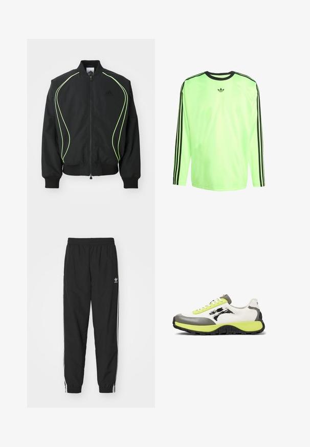 Veste bomber noire avec des passepoils vert fluo, des poignets et un col côtelés. Présente une fermeture éclair à l'avant et une poche zippée sur le côté. Fabriquée en matériau léger.; T-shirt de sport à manches longues en vert fluorescent avec des rayures noires sur les manches et un logo noir sur la poitrine. Tissu synthétique doux.; Pantalons de jogging noirs avec taille élastique et poignets, présentant des rayures latérales blanches et un petit logo Adidas blanc sur la hanche gauche.; Les baskets présentent une tige en toile blanche, des accents en caoutchouc gris, des lacets vert fluo, un logo bien visible et une semelle noire texturée pour une meilleure adhérence.