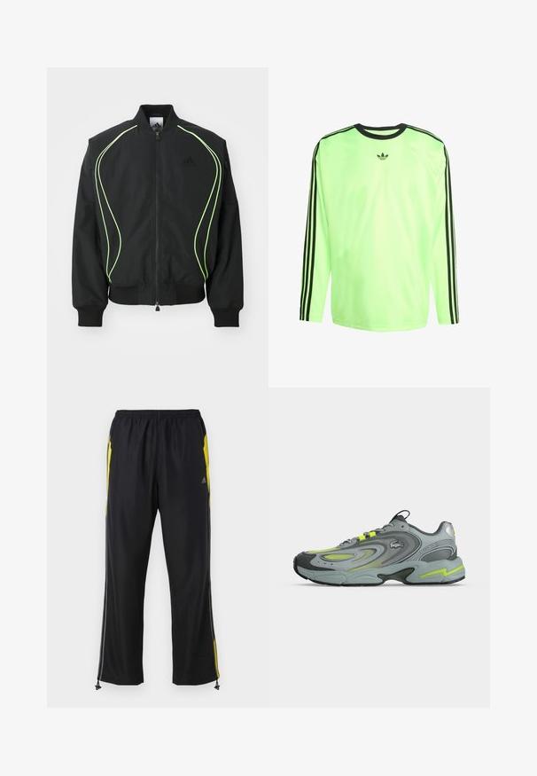 Veste bomber noire avec des passepoils vert fluo, des poignets et un col côtelés. Présente une fermeture éclair à l'avant et une poche zippée sur le côté. Fabriquée en matériau léger.; T-shirt de sport à manches longues en vert fluorescent avec des rayures noires sur les manches et un logo noir sur la poitrine. Tissu synthétique doux.; Pantalons de sport noirs avec des accents jaunes sur les côtés, taille élastique et poches latérales zippées. Fabriqués en tissu léger et lisse.; Chaussure de sport grise et verte fluo avec fermeture à lacets, semelle texturée et logo sur le côté, montrée de profil sur fond blanc.