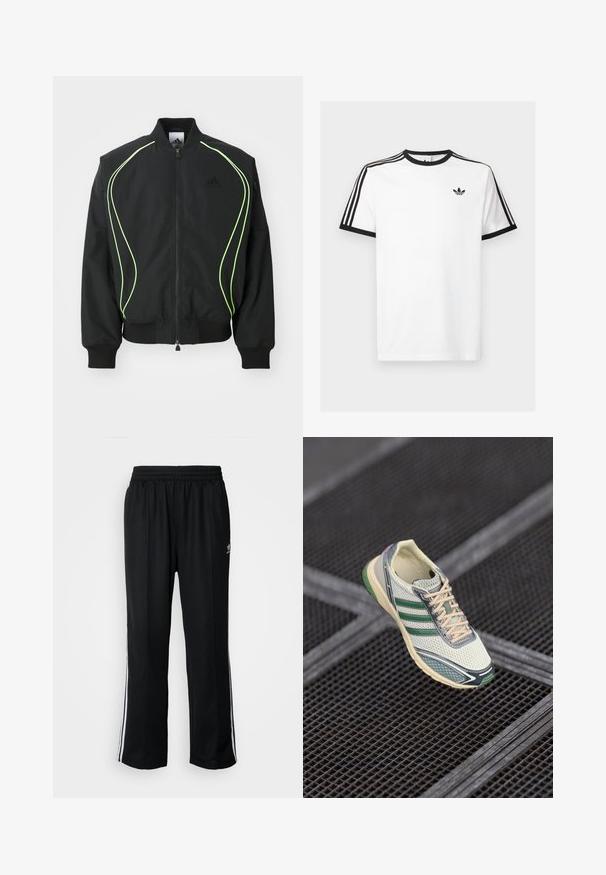 Schwarze Bomberjacke mit neongrüner Paspelierung, gerippten Bündchen und Kragen. Verfügt über einen Reißverschluss vorne und eine seitliche Reißverschlusstasche. Hergestellt aus leichtem Material.; Weißes Baumwoll-T-Shirt mit schwarzem Rippenkragen und Ärmeln, mit drei schwarzen Streifen auf jeder Schulter und einem kleinen Logo auf der Brust.; Schwarze Sporthosen mit elastischem Bund, ausgestattet mit weißen Seitenstreifen und einem kleinen Logo. Das Material wirkt weich und leicht.; Weißes und grünes Netzsneaker mit beigen Schnürsenkeln, die über einem dunklen Metallgitterboden schweben.