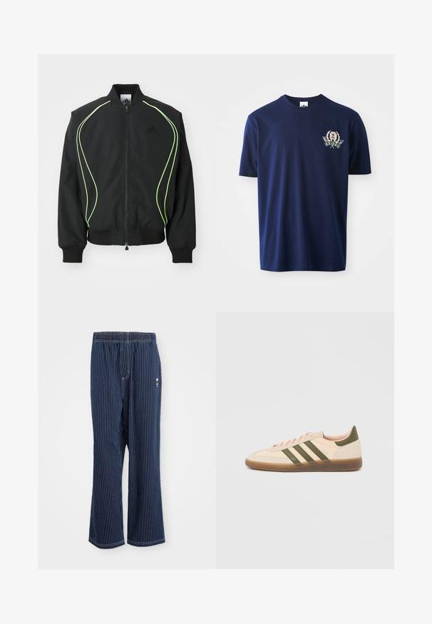 Sort bomberjakke med neongrønne detaljer, ribbede manchetter og krave. Har lynlås foran og sidelomme med lynlås. Lavet af letvægtsmateriale.; Mørkeblå bomulds t-shirt med korte ærmer, rund halsudskæring og broderet logo med laurbær detaljer på venstre bryst.; Navy stribede bukser med lyseblå lodrette striber, elastisk talje, bred benudskæring og et lille logo på siden. Stoffet har en glat tekstur.; Beige Adidas Spezial sneaker med lav profil, grønne striber, gummisål og "SPEZIAL"-branding på siden, vist fra ydersiden.