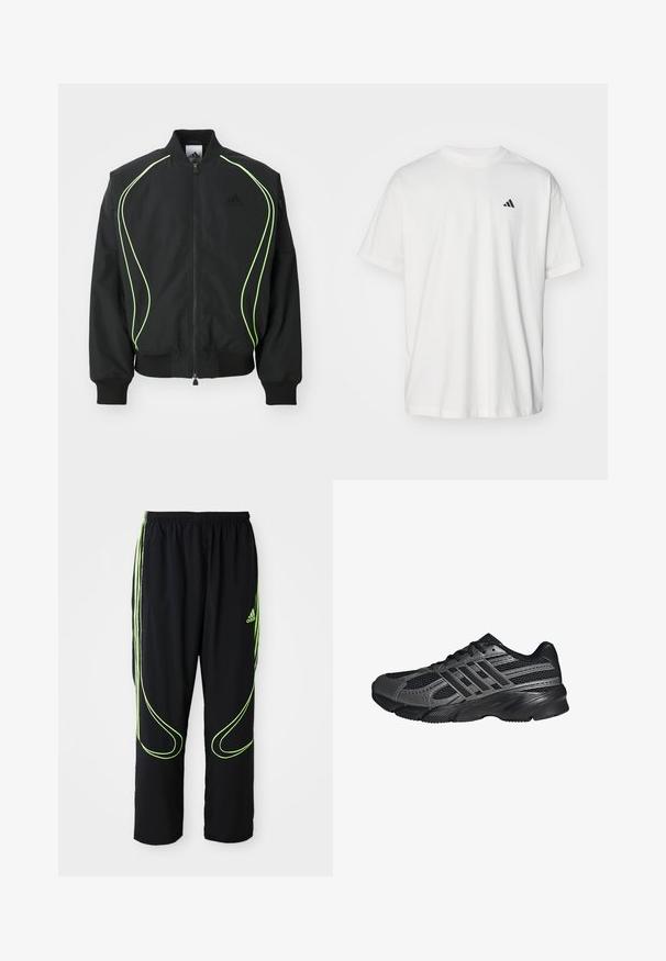 Chaqueta bomber negra con detalles en verde neón, puños y cuello acanalados. Presenta un cierre frontal con cremallera y un bolsillo lateral con cremallera. Está fabricada con material ligero.; Camiseta de algodón blanca con mangas cortas, cuello redondo y un pequeño logo negro de Adidas en el lado izquierdo del pecho. Textura suave, ajuste casual.; Pantalones deportivos Adidas negros con líneas curvas en verde neón y tres franjas en los laterales, cinturilla elástica y logo de Adidas en el muslo delantero.; Zapatillas deportivas negras hechas de malla y materiales sintéticos, que presentan una superficie texturizada, múltiples rayas grises y un collar acolchado.