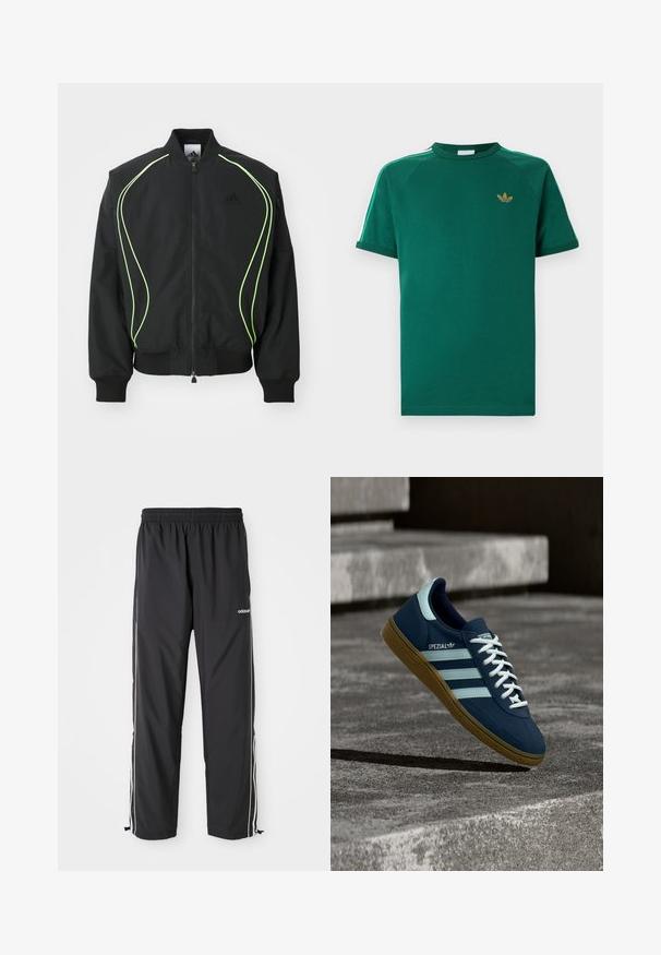 Chaqueta bomber negra con detalles en verde neón, puños y cuello acanalados. Presenta un cierre frontal con cremallera y un bolsillo lateral con cremallera. Está fabricada con material ligero.; Camiseta verde de manga corta Adidas con cuello redondo, logo dorado en forma de trébol en el pecho y franjas blancas con bordes verdes a lo largo de los hombros.; Pantalones deportivos negros hechos de tela ligera, con franjas laterales blancas, cintura elástica y puños ajustables en los tobillos.; Zapatilla azul Adidas Spezial con rayas y cordones blancos, suela de goma, flotando sobre una superficie de hormigón rugosa y escaleras de fondo.
