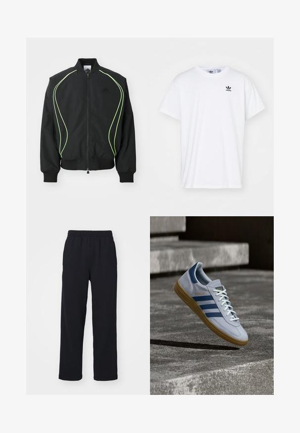 Chaqueta bomber negra con detalles en verde neón, puños y cuello acanalados. Presenta un cierre frontal con cremallera y un bolsillo lateral con cremallera. Está fabricada con material ligero.; Camiseta blanca de algodón con mangas cortas, escote redondo y un logo negro de Adidas con tres franjas en la zona del lado izquierdo del pecho.; Pantalones de chándal negros con cinturilla elástica, piernas rectas y detalles cosidos. Hechos de una tela suave y texturizada.; Zapatilla Adidas Spezial azul claro con rayas azul marino y suela de goma, mostrada en el aire sobre escalones de hormigón en un entorno exterior neutral.