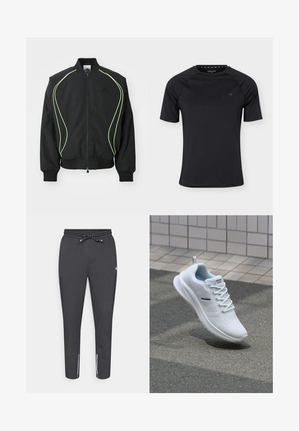 Chaqueta bomber negra con detalles en verde neón, puños y cuello acanalados. Presenta un cierre frontal con cremallera y un bolsillo lateral con cremallera. Está fabricada con material ligero.; Camiseta deportiva negra de manga corta con cuello redondo y pequeño logo en el pecho izquierdo, mostrada sobre un fondo liso y claro.; Joggers negros ajustados con cintura elástica y cordón, bolsillos laterales con cremallera y acentos blancos en el tobillo. Hechos de una tela suave y elástica.; Zapatillas deportivas blancas con parte superior de malla, diseño texturizado, cierre con cordones y suela de goma. Detalle del logo en el lateral. Ligeras y transpirables.