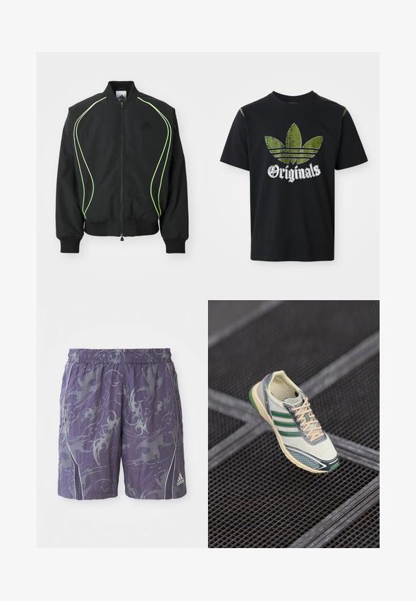 Zwarte bomberjack met neon groene piping, ribgebreide manchetten en kraag. Voorzien van een rits aan de voorkant en een zijzak met rits. Gemaakt van lichtgewicht materiaal.; Zwarte katoenen t-shirt met een versleten groene grafiek met drie strepen en het woord "Originals" hieronder in het wit, ronde halslijn, korte mouwen.; Paarse sportshorts met abstracte zilveren patronen, elastische tailleband, zijpiping en het Adidas-logo op de rechteronderkant van het broekspijp.; Witte en groene mesh sneaker met beige veters die boven een donker metalen roostervloer zweeft.