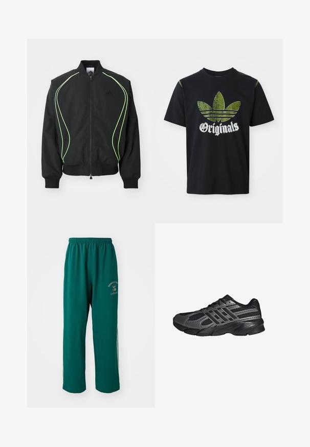 Schwarze Bomberjacke mit neongrüner Paspelierung, gerippten Bündchen und Kragen. Verfügt über einen Reißverschluss vorne und eine seitliche Reißverschlusstasche. Hergestellt aus leichtem Material.; Schwarzes Baumwoll-T-Shirt mit einem abgenutzten grünen Grafikdesign, das drei Streifen zeigt, sowie dem Wort "Originals" darunter in Weiß. Rundhalsausschnitt, kurze Ärmel.; Grüne Sporthose aus glattem Stoff, mit elastischem Bund, Logo-Druck auf einer Seite und weißen Seitennähten. Normale Passform.; Schwarze Sportschuhe aus Netz- und synthetischem Material, mit einer strukturierten Oberfläche, mehreren grauen Streifen und einem gepolsterten Schaft.