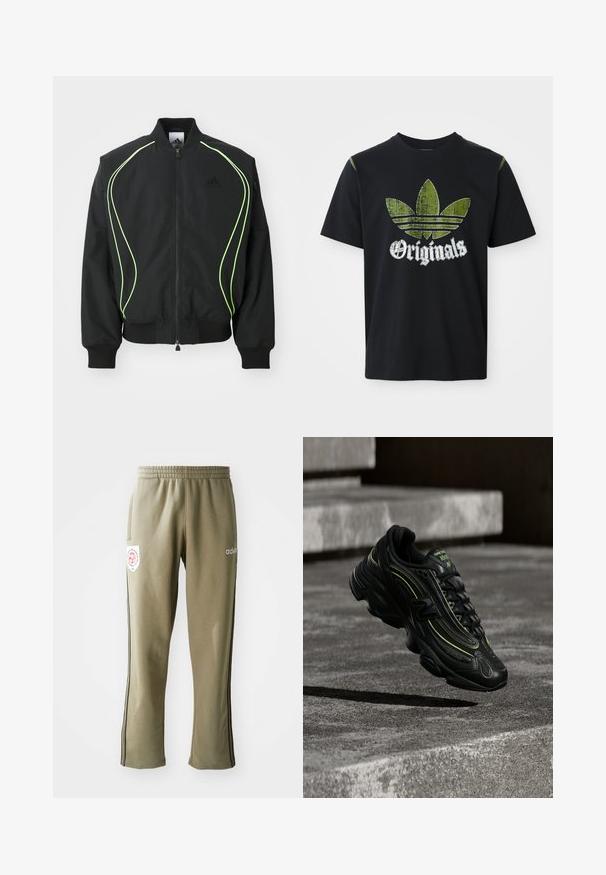 Zwarte bomberjack met neon groene piping, ribgebreide manchetten en kraag. Voorzien van een rits aan de voorkant en een zijzak met rits. Gemaakt van lichtgewicht materiaal.; Zwarte katoenen t-shirt met een versleten groene grafiek met drie strepen en het woord "Originals" hieronder in het wit, ronde halslijn, korte mouwen.; Olijfgroene sweatpants met een elastische tailleband, zijzakken, zwarte zijstreepjes en een logo-patch op de dij.; Zwarte New Balance sneaker met neon groene accenten die boven grijze betonnen trappen zweeft bij schemerlicht.
