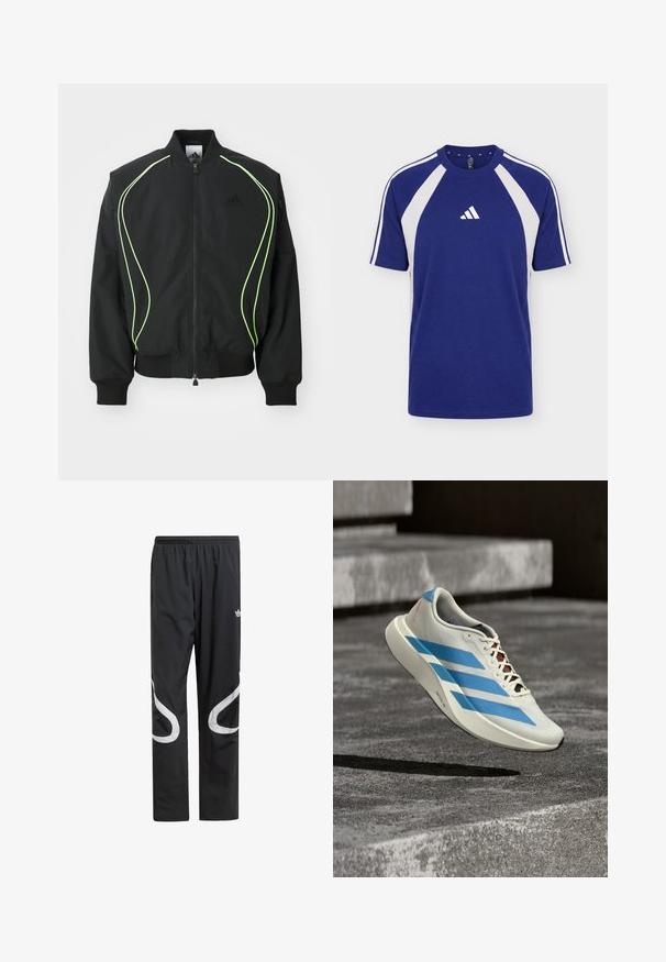 Čierna bombr jacket s neonovo zeleným lemovaním, rebrovanými manžetami a golierom. Má predný zips a bočné vrecko na zips. Vyrobené z ľahkého materiálu.; Modrobiele športové tričko s krátkym rukávom, okrúhlym výstrihom a logom Adidas v strede prednej časti.; Čierne športové nohavice s elastickým pásom, s veľkými bielymi zakrivenými akcentmi po stranách a malým logom na hornej strane stehna.; Biela bežecká topánka s modrými pruhmi a čiernymi šnúrkami sa vznáša nad sivým betónovým povrchom s krokmi v pozadí.