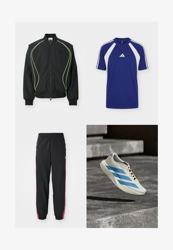 Čierna bombr jacket s neonovo zeleným lemovaním, rebrovanými manžetami a golierom. Má predný zips a bočné vrecko na zips. Vyrobené z ľahkého materiálu.; Modrobiele športové tričko s krátkym rukávom, okrúhlym výstrihom a logom Adidas v strede prednej časti.; Čierne vetrovky s ružovými bočnými pruhmi, elastickým pásom a manžetami. Na ľavom stehne je diskrétne logo. Hladká textura.; Biela bežecká topánka s modrými pruhmi a čiernymi šnúrkami sa vznáša nad sivým betónovým povrchom s krokmi v pozadí.