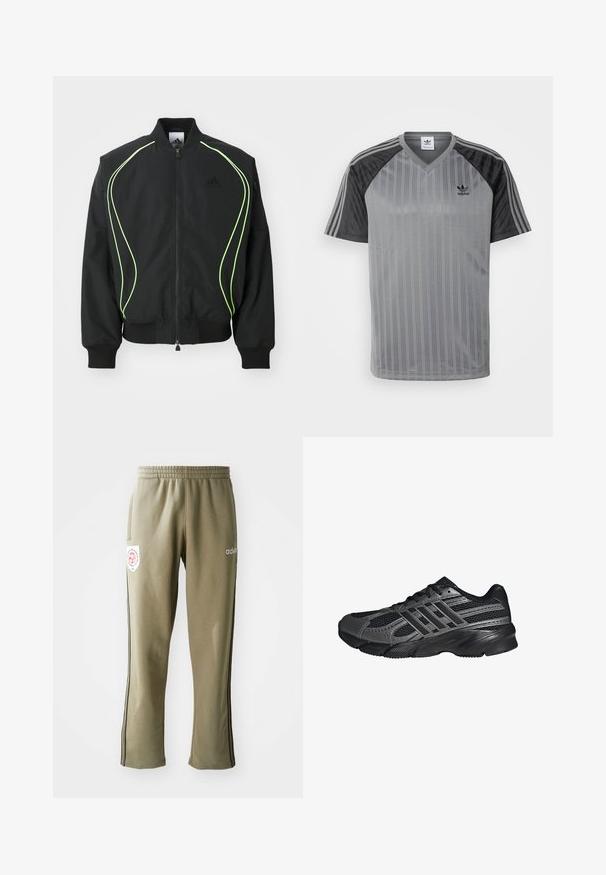 Schwarze Bomberjacke mit neongrüner Paspelierung, gerippten Bündchen und Kragen. Verfügt über einen Reißverschluss vorne und eine seitliche Reißverschlusstasche. Hergestellt aus leichtem Material.; adidas Originals T-Shirt print - black/grey; Olivgrüne Jogginghosen mit einem elastischen Bund, Seitentaschen, schwarzen seitlichen Streifen und einem Logo-Patch am Oberschenkel.; Schwarze Sportschuhe aus Netz- und synthetischem Material, mit einer strukturierten Oberfläche, mehreren grauen Streifen und einem gepolsterten Schaft.