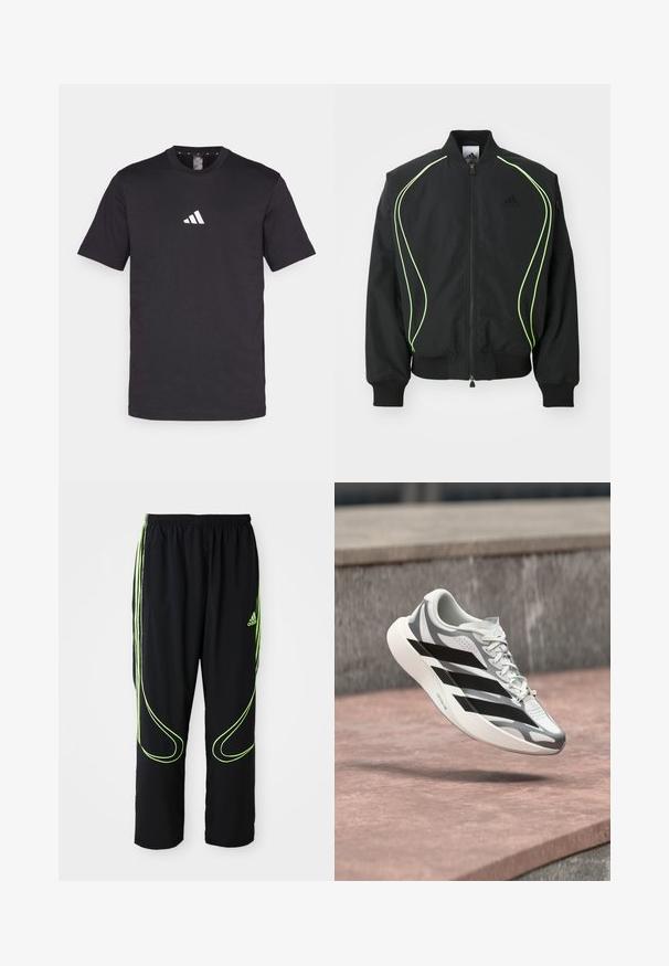 Schwarze Bomberjacke mit neongrüner Paspelierung, gerippten Bündchen und Kragen. Verfügt über einen Reißverschluss vorne und eine seitliche Reißverschlusstasche. Hergestellt aus leichtem Material.; Schwarzes Baumwoll-T-Shirt mit kurzen Ärmeln, das ein weißes Adidas-Logo auf der Brust zeigt. Klassisches Rundhalsdesign.; Schwarze Adidas Sportpants mit neongrünen, gebogenen Linien und drei Streifen an den Seiten, elastischem Bund und Adidas-Logo am Vorderoberschenkel.; Weißer und grauer Laufschuh mit schwarzen Streifen, schwebend über einer rosafarbenen Betonfläche nahe einer grauen Steinmauer.