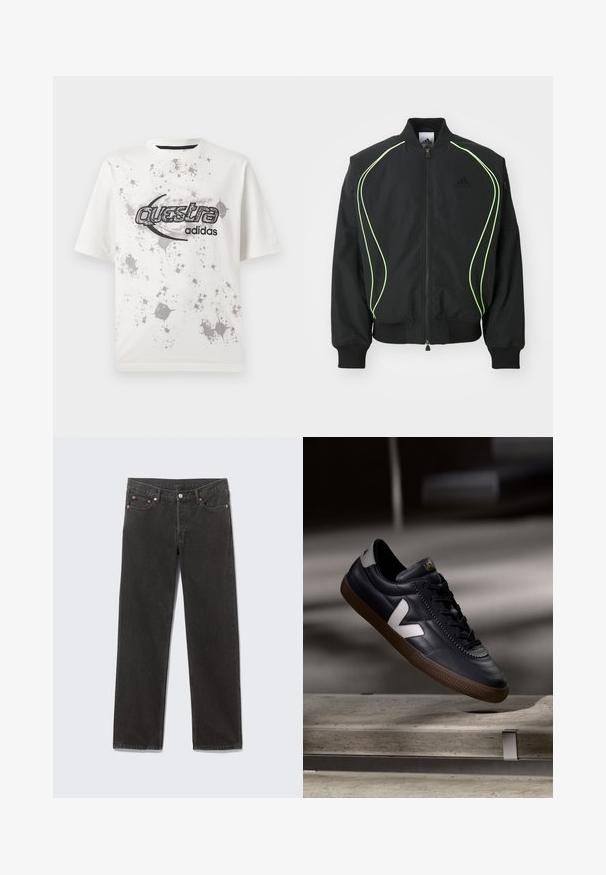 Μαύρο bomber jacket με φωσφορούσα πράσινη ραφή, ριγωτούς κορμούς και γιακά. Διαθέτει φερμουάρ μπροστά και τσέπη με φερμουάρ στο πλάι. Κατασκευασμένο από ελαφρύ υλικό.; Λευκό κοντομάνικο μπλουζάκι με γκρι σχέδιο πιτσιλιών μπογιάς και μαύρα λογότυπα "Questra" και "adidas" κεντραρισμένα μπροστά.; Μαύρο τζιν παντελόνι με ίσια γραμμή, διαθέτει εμπρόσθια τσέπη, θηλιές για ζώνη και κούμπωμα με κουμπί, απλωμένο επίπεδα σε γκρι φόντο.; Μαύρο δερμάτινο αθλητικό παπούτσι με λευκό λογότυπο V, με κορδόνια, διάτρητες λεπτομέρειες και καφέ καουτσούκ σόλα. Κομψός σχεδιασμός με ελάχιστες λεπτομέρειες.