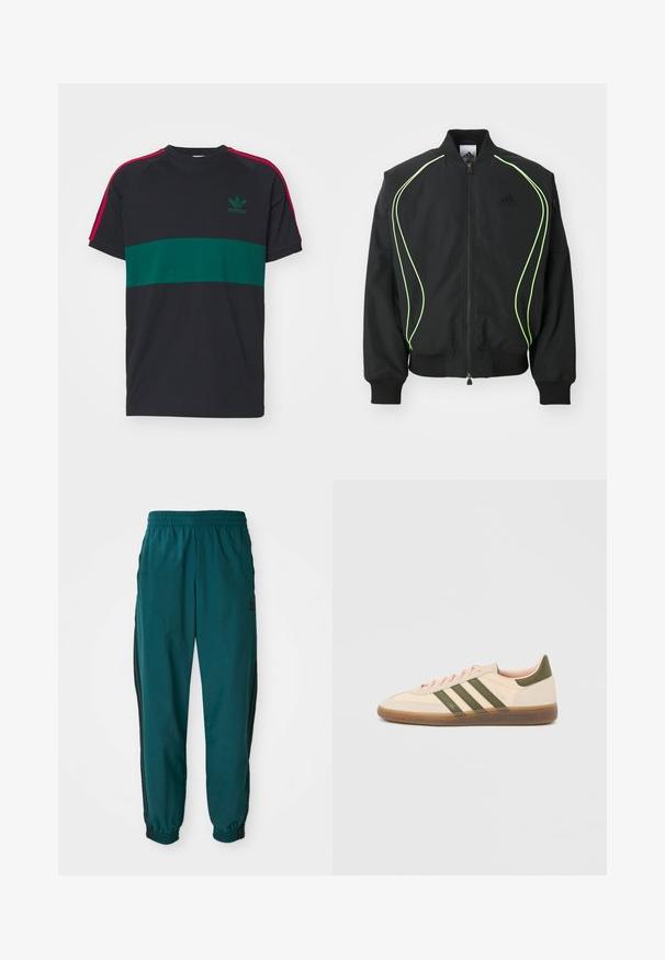 Μαύρο bomber jacket με φωσφορούσα πράσινη ραφή, ριγωτούς κορμούς και γιακά. Διαθέτει φερμουάρ μπροστά και τσέπη με φερμουάρ στο πλάι. Κατασκευασμένο από ελαφρύ υλικό.; Βαμβακερό T-shirt με μαύρο σώμα, πράσινη οριζόντια λωρίδα και κόκκινες λεπτομέρειες στους ώμους. Διαθέτει ένα μικρό πράσινο λογότυπο της Adidas στο στήθος.; Τιρκουάζ αθλητικά παντελόνια με ζωνάκι προσαρμογής, ελαστικούς μανσέτες και μαύρες ρίγες στα πλάγια. Φτιαγμένα από ελαφρύ ύφασμα, με λογότυπο κοντά στο ισχίο.; Χαμηλού προφίλ μπεζ αθλητικό παπούτσι Adidas Spezial με πράσινες ρίγες, σόλα από καουτσούκ και την επωνυμία "SPEZIAL" στην πλευρά, εμφανίζεται από την εξωτερική πλευρά.