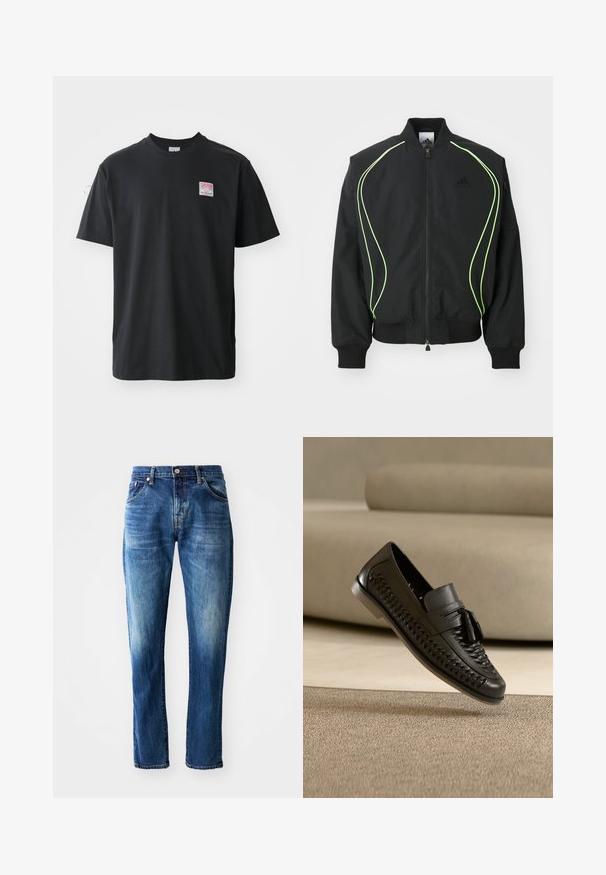 Schwarze Bomberjacke mit neongrüner Paspelierung, gerippten Bündchen und Kragen. Verfügt über einen Reißverschluss vorne und eine seitliche Reißverschlusstasche. Hergestellt aus leichtem Material.; Schwarzes Baumwoll-T-Shirt mit Rundhalsausschnitt, kurzen Ärmeln und einem kleinen farbigen Etikett auf der linken Brust, das das Wort "SUPERIOR" zeigt.; Dunkelblaue Denim-Jeans mit geradem Bein, fünf Taschen, ausgefranster Optik und einem vorderen Knopfverschluss mit Reißverschluss.; Schwarzer geflochtener Leder-Slipper mit Quasten, mit nach oben geneigter Sohle auf einem beigen Teppich vor einem beigen Sofahintergrund liegend.