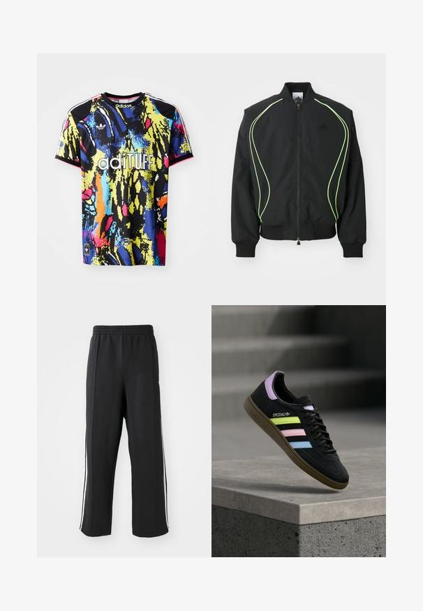 Mustmust must kaaluvate neoonroheliste detailidega, ribatatud mansettide ja kraega. Omab lukuga esiosa ja külgmist lukuga taskut. Valmistatud kergest materjalist.; Värviline adidas sporditop, millel on elav abstraktne muster, lühikesed varrukad, ümmargune kaelus ja ees "adituff" logo.; Mustad mustad püksid elastse vöökoha ning valgete küljeribadega, lõdva istuvusega. Valmistatud pehmest ja venivast kangast.; Must Adidas Spezial toss sinised, roosad ja kollased pastelltriipud, lavendlivärvilise kannaosaga ja pruun tallaga, hõljumas betoonserva kohal.