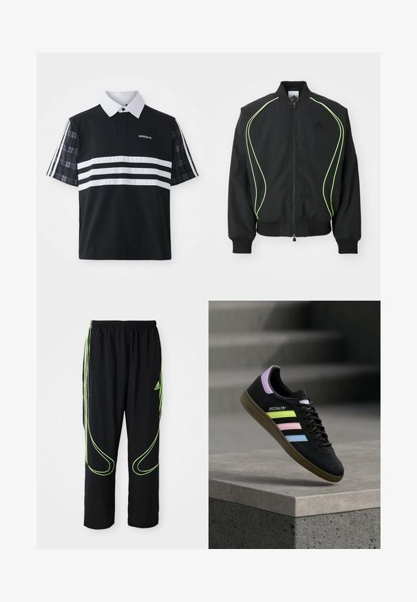 Chaqueta bomber negra con detalles en verde neón, puños y cuello acanalados. Presenta un cierre frontal con cremallera y un bolsillo lateral con cremallera. Está fabricada con material ligero.; Camisa polo negra con rayas blancas y un logotipo; cuenta con mangas cortas de cuadros y un cuello blanco con una hilera de botones.; Pantalones deportivos Adidas negros con líneas curvas en verde neón y tres franjas en los laterales, cinturilla elástica y logo de Adidas en el muslo delantero.; Zapatilla Adidas Spezial negra con rayas en amarillo pastel, rosa y azul, lengüeta trasera lavanda y suela marrón, flotando sobre un bordillo de cemento.