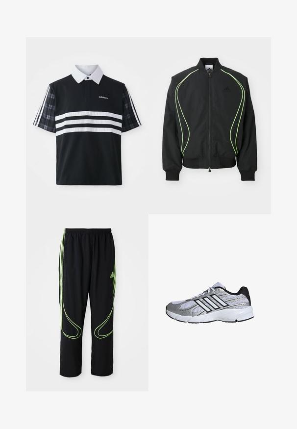 Čierna bombr jacket s neonovo zeleným lemovaním, rebrovanými manžetami a golierom. Má predný zips a bočné vrecko na zips. Vyrobené z ľahkého materiálu.; Čierna polo košeľa s bielymi prúžkami a logom; má krátke kárované rukávy a biely golier s gombíkovou légou.; Čierne atletické nohavice Adidas s neonovo zelenými zakrivenými líniami a tromi pruhmi po stranách, elastickým pásom a logom Adidas na prednom stehne.; Mriežkovaná športová obuv v bielej a striebornej farbe, s čiernymi detailmi, logom troch bielych pruhov, polstrovaným golierom a textúrovanou gumovou podrážkou.
