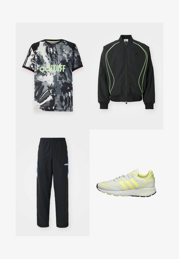 Čierna bombr jacket s neonovo zeleným lemovaním, rebrovanými manžetami a golierom. Má predný zips a bočné vrecko na zips. Vyrobené z ľahkého materiálu.; Tričko s krátkym rukávom a okrúhlym výstrihom so športovým strihom, s čiernym, bielym a šedým abstraktným potlačou; obsahuje neónovo zelené logo "adiTUFF" a ružové akcenty.; Čierne športové nohavice s elastickým pásom, s modro-bielymi grafickými akcentmi po stranách a vyšitým logom.; Biele športové topánky s žltými akcentami, s hladkým vrchom, textúrovanou podrážkou a tromi pruhmi na boku pre branding.