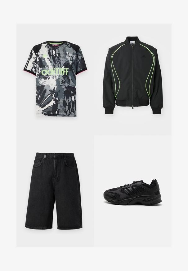 Sort bomberjakke med neongrønne detaljer, ribbede manchetter og krave. Har lynlås foran og sidelomme med lynlås. Lavet af letvægtsmateriale.; Kortærmet sports T-shirt med rund hals i sort, hvid og grå abstrakt print; har neongrøn "adiTUFF" logo og lyserøde accenter.; Sorte denim shorts med en løs pasform, mellemhøj talje, fem lommer og bæltestropper. Stoffet har en glat tekstur og subtile syninger.; Sorte træningssko med en kombination af åndbart mesh og syntetiske materialer. Distinct tekstureret sål og tre sorte striber på siden.
