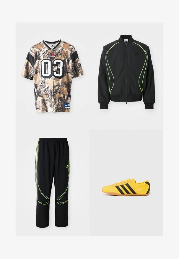 Čierna bombr jacket s neonovo zeleným lemovaním, rebrovanými manžetami a golierom. Má predný zips a bočné vrecko na zips. Vyrobené z ľahkého materiálu.; Džersej s krátkym rukávom v maskáčovom vzore v odtieňoch pieskovej, hnedej a čiernej farby, s okrúhlym výstrihom, silnou textúrou a veľkým vytlačeným číslom "03."; Čierne atletické nohavice Adidas s neonovo zelenými zakrivenými líniami a tromi pruhmi po stranách, elastickým pásom a logom Adidas na prednom stehne.; Žltá športová obuv s textúrovaným zvrškom, s čiernymi pruhmi a logom. Zaoblená špička, mäkká podrážka a vzor v tvare cik-cak na materiáli.