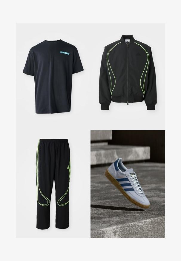 Schwarze Bomberjacke mit neongrüner Paspelierung, gerippten Bündchen und Kragen. Verfügt über einen Reißverschluss vorne und eine seitliche Reißverschlusstasche. Hergestellt aus leichtem Material.; Schwarzes Baumwoll-T-Shirt mit kurzen Ärmeln, Rundhalsausschnitt und einem türkisfarbenen grafischen Logo auf der linken Brust. Glatte Textur, lässige Passform.; Schwarze Adidas Sportpants mit neongrünen, gebogenen Linien und drei Streifen an den Seiten, elastischem Bund und Adidas-Logo am Vorderoberschenkel.; Hellblauer Adidas Spezial Sneaker mit dunkelblauen Streifen und Gummisohle, in der Luft über Betontreppen in neutralem Außenbereich gezeigt.