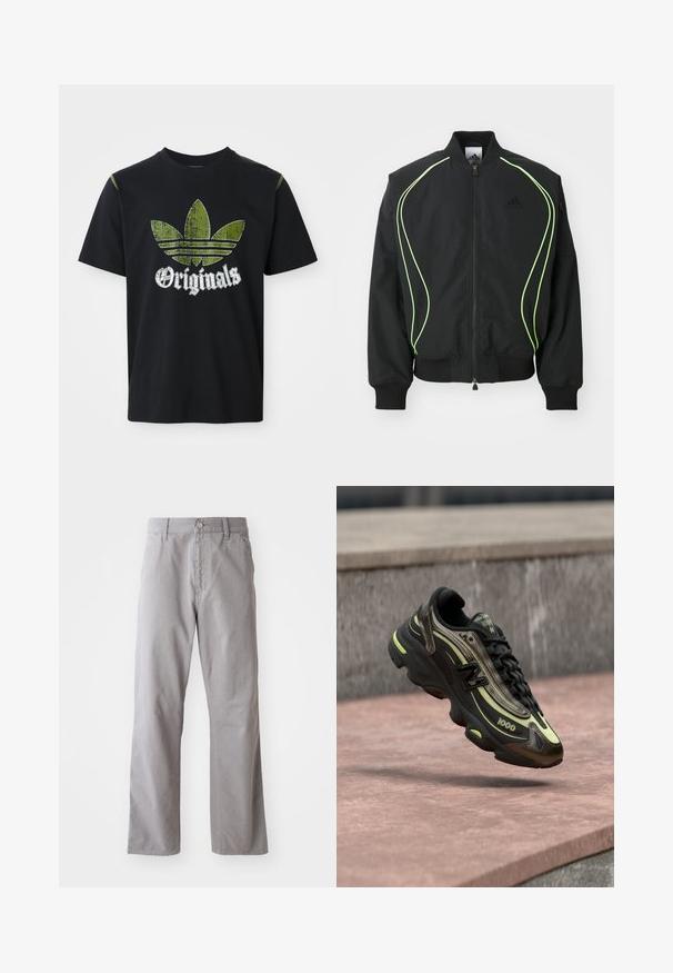 Schwarze Bomberjacke mit neongrüner Paspelierung, gerippten Bündchen und Kragen. Verfügt über einen Reißverschluss vorne und eine seitliche Reißverschlusstasche. Hergestellt aus leichtem Material.; Schwarzes Baumwoll-T-Shirt mit einem abgenutzten grünen Grafikdesign, das drei Streifen zeigt, sowie dem Wort "Originals" darunter in Weiß. Rundhalsausschnitt, kurze Ärmel.; Graue Baumwollhosen mit geradem Bein, ausgestattet mit einem vorderen Knopfverschluss und Gürtelschlaufen. Glatte Textur und minimale Details.; Schwarz-gelber New Balance 1000 Sneaker, der über einer rosa Steinoberfläche schwebt, mit einer grauen Steinmauer im Hintergrund.