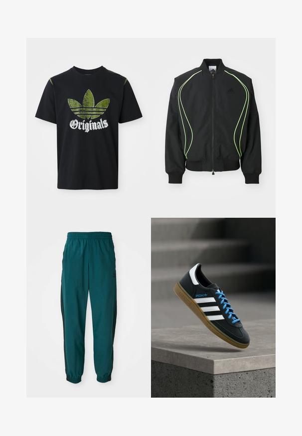 Chaqueta bomber negra con detalles en verde neón, puños y cuello acanalados. Presenta un cierre frontal con cremallera y un bolsillo lateral con cremallera. Está fabricada con material ligero.; Camiseta de algodón negra con un gráfico verde desgastado que presenta tres rayas y la palabra "Originales" debajo en blanco, cuello redondo, mangas cortas.; Pantalones deportivos en color verde azulado con cintura ajustable por cordón, puños elásticos y rayas negras en los lados. Fabricados con un tejido ligero, presentan un logo cerca de la cadera.; Zapatilla negra Adidas con franjas blancas, cordones azules y suela de goma flotando sobre un escalón de hormigón gris con luz suave.